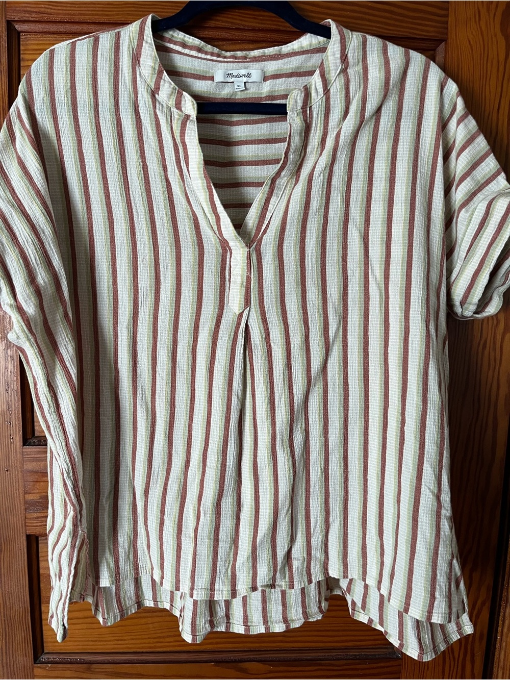 Madewell Cream & Rust Striped Split-Neck Women's Top, XL